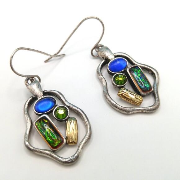 Chico's Silver Tone Drop Earrings, Blue and Green Stones, Hook Ear Wire - Picture 6 of 9